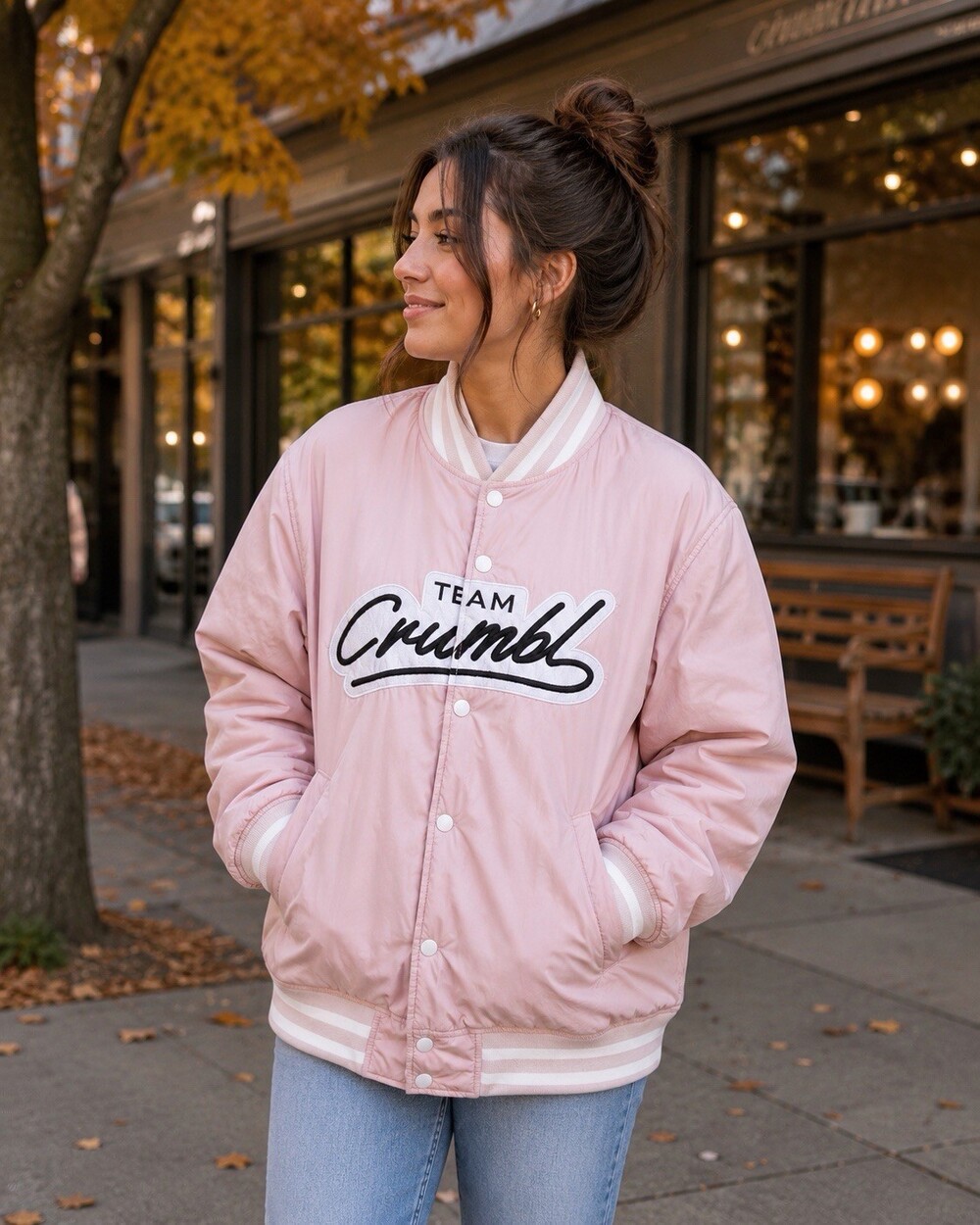 Crumbl Cookies Team Crumbl Reversible Varsity Bomber Jacket Pink Black Size L